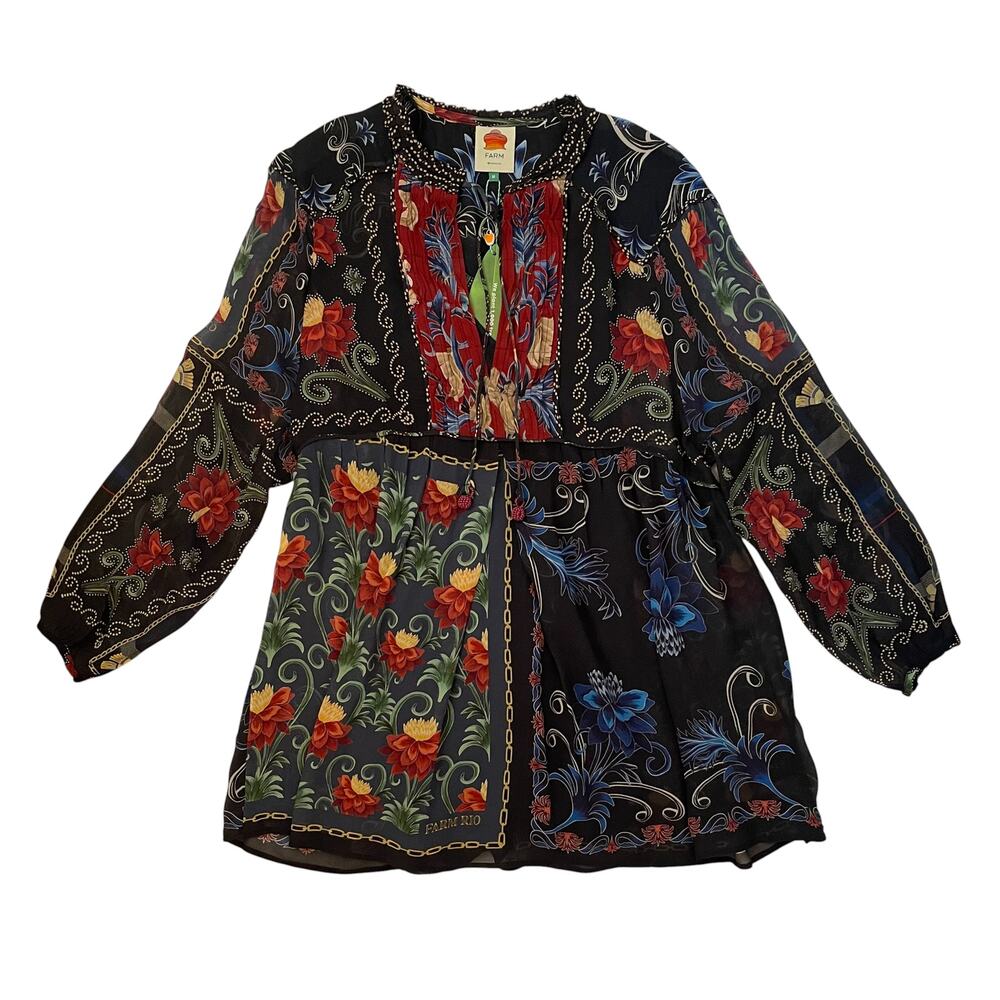 FARM Rio Black Floral Mini Dress with Red & Blue Accents - Picture 4 of 9